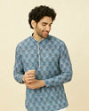 alt message - Manyavar Men Indigo Blue Shankh Motif Short Kurta image number 0